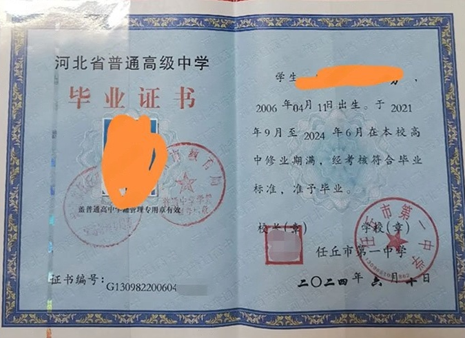 潮州市湘桥任丘市第一中学高中毕业证样本图片